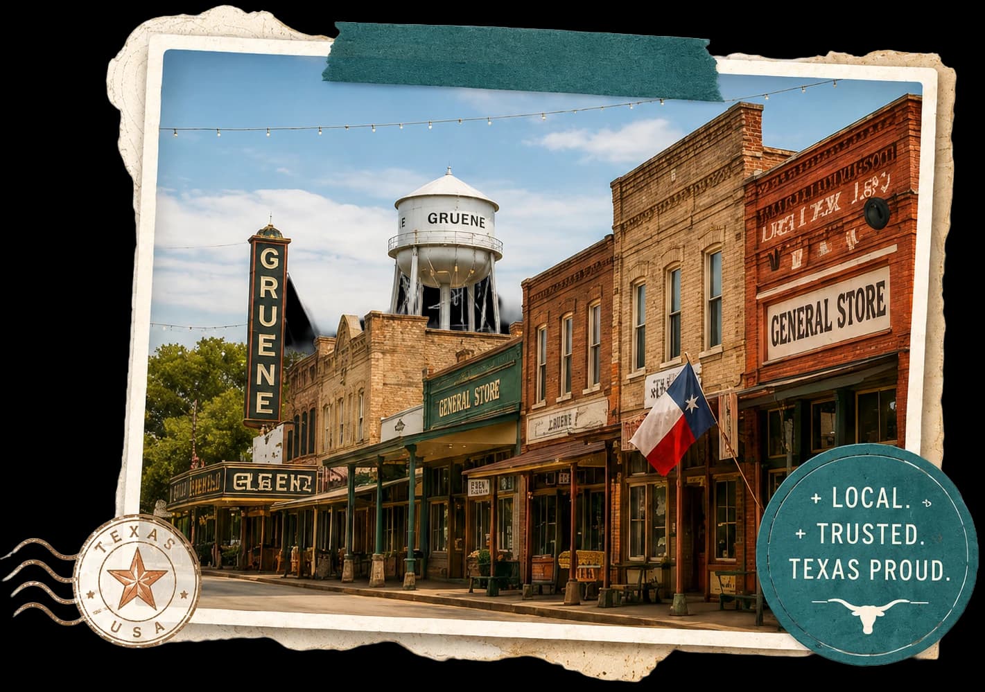 A vintage postcard collage of downtown Gruene, Texas