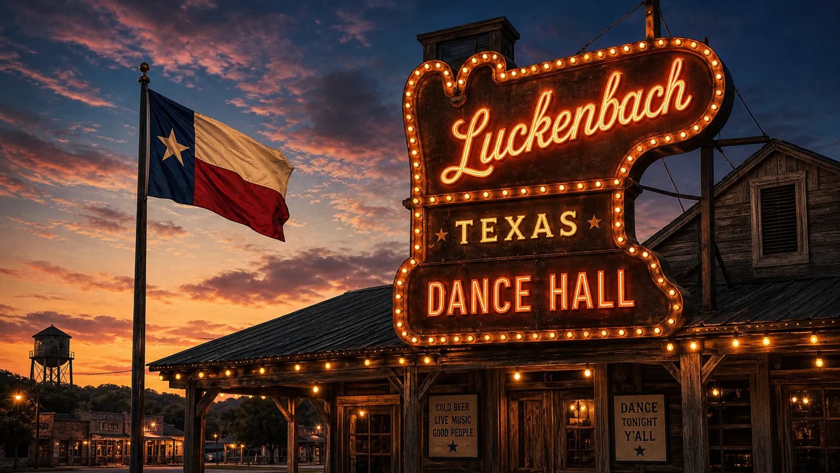 A glowing Texas dance hall sign beside the state flag at dusk